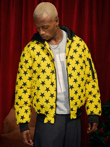 Mens Polyester Bomber <b>Jacket</b> Hooded <b>Star</b> Pattern Zip Front Fashion Lettermen Style for Streetwear Light Winter Wear - Product Image 2