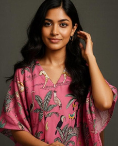 Pure Cotton Pink Tropical Animal Print <b>Kaftan</b> Dress Bohemian <b>Summer</b> Resort Wear Lounge Maxi for Women - Product Image 1