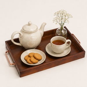Premium Handcrafted Wooden Serving Tray With Elegant <b>Copper</b> Metal Handles Large Rectangular Decorative Platter For Coffee Table - Product Image 1