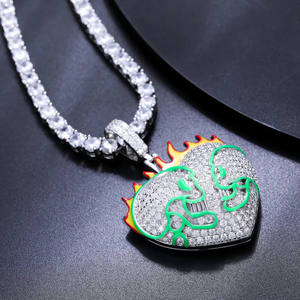 Heart Shape Moissanite Pendant With Green Islamic Calligraphy And Flame Design 925 <b>Silver</b> Hiphop Jewelry Unisex Everyday Wear - Product Image 1