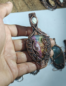 Pendentif en jaspe classique fait main pour enfants, en alliage, enveloppé de fil, pierre précieuse naturelle, bijoux artisanaux en gros - Product Image 5