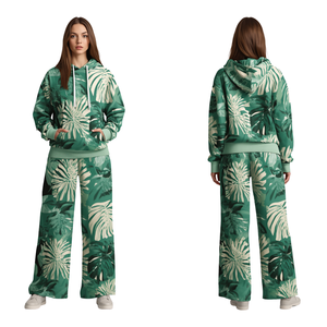 Conjunto Deportivo Holgado de Poliéster/Algodón con Estampado de Hojas Tropicales para Mujer, Otoño - Product Image 2