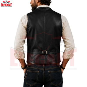 Black Mens Leather <b>Waistcoat</b> with V Neck Design Four Button Front Slim Profile Welt Pockets Pointed Hem For Wholesale Rate - Product Image 4