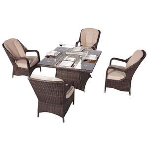Outdoor 4-Seat Rattan Square <b>Gas</b> <b>Firepit</b> Dining Set with Eton Chairs and Cushions for Garden Use - Product Image 1