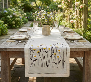 Camino de Mesa de Algodón Personalizado al por Mayor con Bordado de Flores de Margarita, Cubierta de Mesa Lavable y Duradera para Bodas y Eventos en el Hogar - Product Image 2