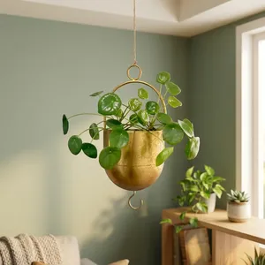 Pot suspendu en métal doré avec anneau circulaire, design moderne, pour plantes d'intérieur, décoration contemporaine pour la maison - Product Image 1