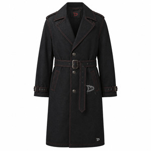 Gabardina Gótica de Mezclilla Negra Cruda para Hombre, Abrigo Largo con Cinturón y Costuras Rojas en Contraste, Estilo Grunge Urbano de Algodón Pesado - Product Image 2