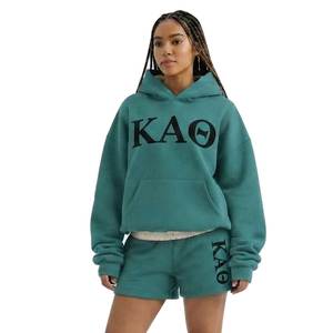 Conjunto de Sudadera con Capucha y Pantalones Cortos de Forro Polar para Mujer KAO, Estampado de Letras Color Coral, Atuendo Casual de Dos Piezas, Corte Holgado, Ropa de Primavera/Verano - Product Image 3