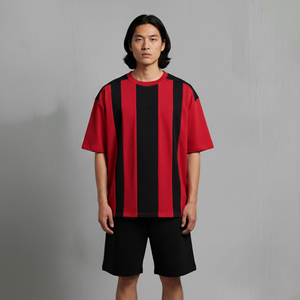 เสื้อยืดคอกลมลายทางสีแดงดำสำหรับผู้ชาย ชุดลำลองฤดูร้อน ผ้าถัก 100% คอตตอน แขนสั้น สตรีทแวร์ ชุดเซ็ตคุณภาพสูง - Product Image 1