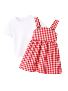 Conjunto de 2 Vestidos de Tirantes de Manga Corta para Niñas, Blancos a Rayas, Tela Oxford 100% Algodón, Antiarrugas, con Botones, Estilo Pastoral para Exteriores - Product Image 2