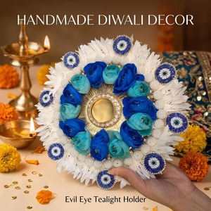 Support de bougie chauffe-plat artisanal en laiton écologique, motif œil porte-bonheur floral, plateau de fleurs bleu et blanc, base Diya pour Diwali, Noël, Pâques - Product Image 1