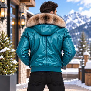 Chaqueta de Cuero de Lujo para Hombre, Estilo Bomber, con Capucha de Piel de Zorro, Cálida, Resistente al Viento, Ropa Exterior Informal de Invierno |   Chaqueta de Cuero para Hombre |   Chaqueta de cuero para hombre - Product Image 2