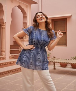 สินค้ามาใหม่ เสื้อคุर्ติผ้าคอตตอนพิมพ์ลายจอร์เจตต์ งานทอสำหรับใส่ทุกวัน ราคาขายส่ง สำหรับผู้หญิง สีฟ้า - Product Image 1