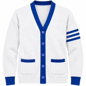 Suéter Cárdigan de Punto al por Mayor para Mujeres Universitarias, Color Blanco y Azul, Cuello en V, Estilo Universitario, Manga a Rayas, OEM - Product Image 1