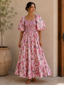 Floral Print A-Line Maxi Dress Smocked Square Neck Puff Sleeve Casual Summer Women Dress - Product Image 1