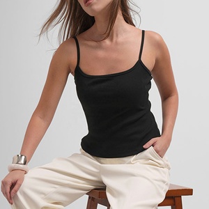 <b>Womens</b> Spaghetti Strap Camisole Black Ribbed Square Neck Cotton Fitted Tank <b>Top</b> Manufacturer - Product Image 1