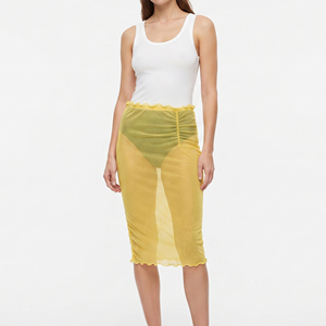 Falda de malla transparente de cintura alta para mujer, hasta la rodilla, color amarillo liso, sexy, transparente, estilo veraniego - Product Image 1