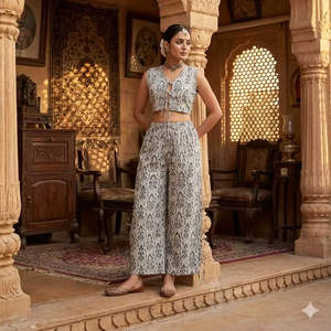 Ensemble coordonné en coton imprimé indien style bohème pour femme : haut court ethnique et pantalon palazzo large, mode estivale midi écoresponsable - Product Image 5