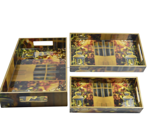 Bandeja de Cubiertos de MDF impresa con esmalte de diseño moderno con asas de madera perlada para servir alimentos Bandeja de servicio al por mayor - Product Image 1