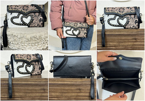 Vintage Western Style Hair On Hide Tooled Leather Shoulder Crossbody Mini <b>Bags</b> New Heart Design Artwork Clutches For Women's - Product Image 3