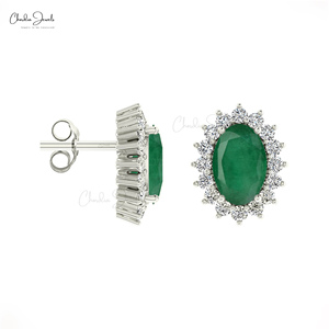 14K Fine Gold Natural <b>Emerald</b> Dainty <b>Studs</b> Earrings with Halo White Diamond 6X4MM Oval Cut Gemstone Earrings at Factory Price - Product Image 2
