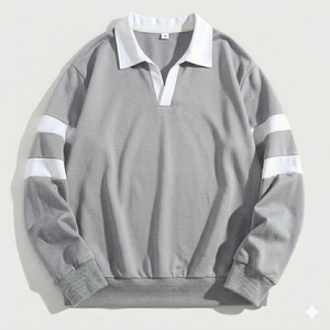 Camisetas polo personalizadas de manga larga para hombre, transpirables, de algodón, estilo rugby, extragrandes, con cuello gris, rayas blancas. - Product Image 1