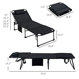 Lettino Prendisole per il Massimo Relax, 5 Livelli di Reclinazione, Tasca Laterale, Foro per la Lettura, Poggiatesta, in Alluminio Resistente e Rattan Nero PE - Product Image 3