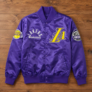 Silk Satin Baseball Varsity Jacket for Men with Custom <b>Applique</b> Embroidery Patches Letter Pattern Windproof Quilted Lined - Product Image 3