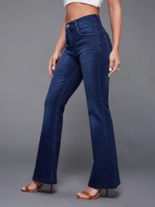 Jeans en denim évasé extensible taille haute pour femme, longueur normale - Product Image 3