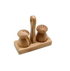 Mushroom Shaped Wooden <b>Salt</b> and Pepper Shakers Set with Matching Carrying Base Tray Manual Spice Condiment Dispenser Cruet - Product Image 1