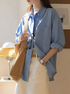 Chemise ample vintage d'été pour femme à manches longues et col à revers avec poche plaquée en tissu tricoté respirant - Product Image 2