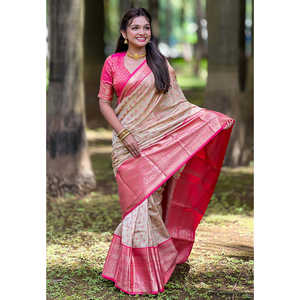 Sari en soie Kanjivaram Chickoo, tissu traditionnel, robe de soirée tissée avec des fils zari - Product Image 1
