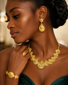 Ensemble de bijoux élégants plaqués or africain, collier court, boucles d'oreilles, bracelet, bague pour femmes - Product Image 3