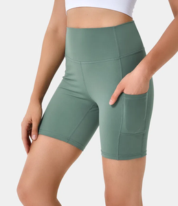 Shorts de sport gris taille haute pour femme avec poches, taille élastique, respirants, pour le cyclisme - Product Image 6