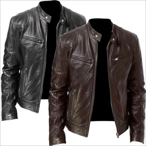 Chaqueta de cuero para hombre estilo motociclista, lavada y envejecida, talla grande, estilo teñido liso, de PU, 100% poliéster tejido - Product Image 6