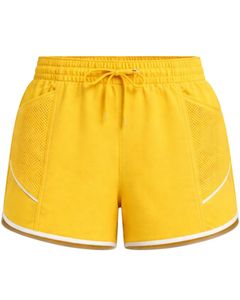 Shorts de sport jaunes pour femmes en polyester et élasthanne, respirants, avec panneaux, taille élastique et cordon de serrage, pour la gym, la course, l'entraînement et les loisirs - Product Image 1