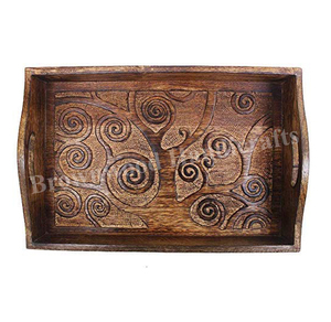 Plateau de service rectangulaire en bois de manguier massif de luxe avec poignées pour café-bar et fêtes - Product Image 1