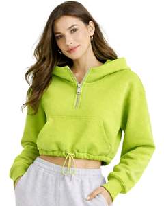 Sudadera con capucha corta de forro polar verde lima con cremallera de un cuarto, bolsillo canguro, dobladillo con cordón ajustable, estilo casual urbano, cálida, para mujer - Product Image 1