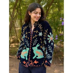 <b>Women's</b> <b>Navy</b> Blue Hand Embroidered Floral Bird Design Knitted Quilted <b>Jacket</b> 100% Cotton Ethnic Boho Fashion Outerwear - Product Image 1