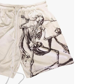 Pantalones Cortos Deportivos Casuales Transpirables para Hombre, Blancos, de Malla, con Estampado de Esqueleto, Cintura Ajustable con Cordón - Product Image 2