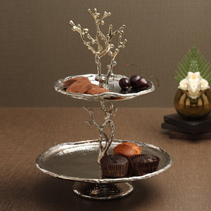 Stunning Two-Tier Silver Cake Stand Featuring Textured Trays And A Unique Coral Branch Style Central Pillar & Handle <b>For</b> Serving - Product Image 6