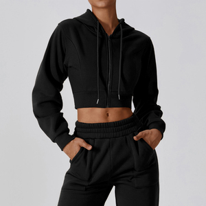 Custom Printed Front Winter <b>Knitted</b> Eco-Friendly Sportswear <b>Women</b> Crop Top Zip Hoodies Sweatpants <b>Jogger</b> Sets Drawstring Hooded - Product Image 2