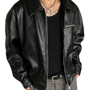 Chaqueta de cuero para hombre, estilo streetwear, con logotipo personalizado OEM, para invierno, transpirable, con cuello alto de lona, a la moda, precio mayorista económico. - Product Image 1