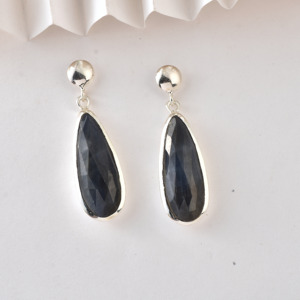 925 Sterling Natural Black Sapphire Stone <b>Solid</b> <b>Silver</b> Earrings for Women Long Studded Dangling Earrings for Parties from India - Product Image 3