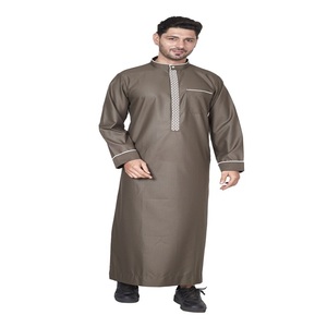 Túnica Larga Marrón para Hombre, Manga Larga, Cuello Bordado, Corte Regular, Poliéster, Estilo Modesto, Uso Diario, Oriente Medio, Ramadán - Product Image 1