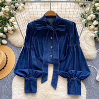 Blusas de Mezclilla Elegantes con Cuello de Lazo y Manga Larga para Otoño, Camisas con Lazo para Mujer, Tops Elegantes para Dama, Ropa al por Mayor para Mujer