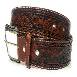 Vintage Style Eagle Design Embossed men's fashion Western <b>leather</b> hand <b>tooling</b> <b>belt</b> with floral buckle - Product Image 3