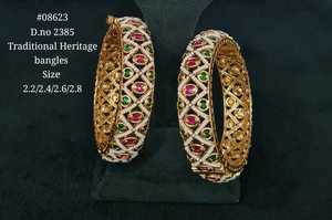 08623Traditional Heritage Gold Plated Bangle Brass Beaded Oval <b>Ruby</b> Green Jewelry for Wedding Party Women - Product Image 3