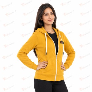 Tiierwear Women's <b>Yellow</b> Zip-Up <b>Hoodie</b> Fleece Cotton Blend Solid Color Front Logo Autumn Wear Regular Fit - Product Image 4