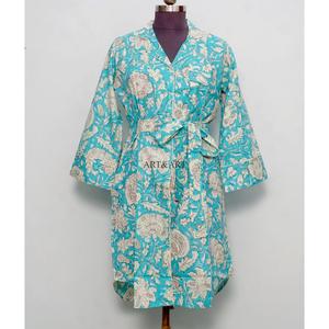 Robes décontractées bohèmes pour femmes, imprimées à la main avec des fleurs, col en V, manches longues, mi-longues, respirantes, écologiques, lavables, taille naturelle - Product Image 1